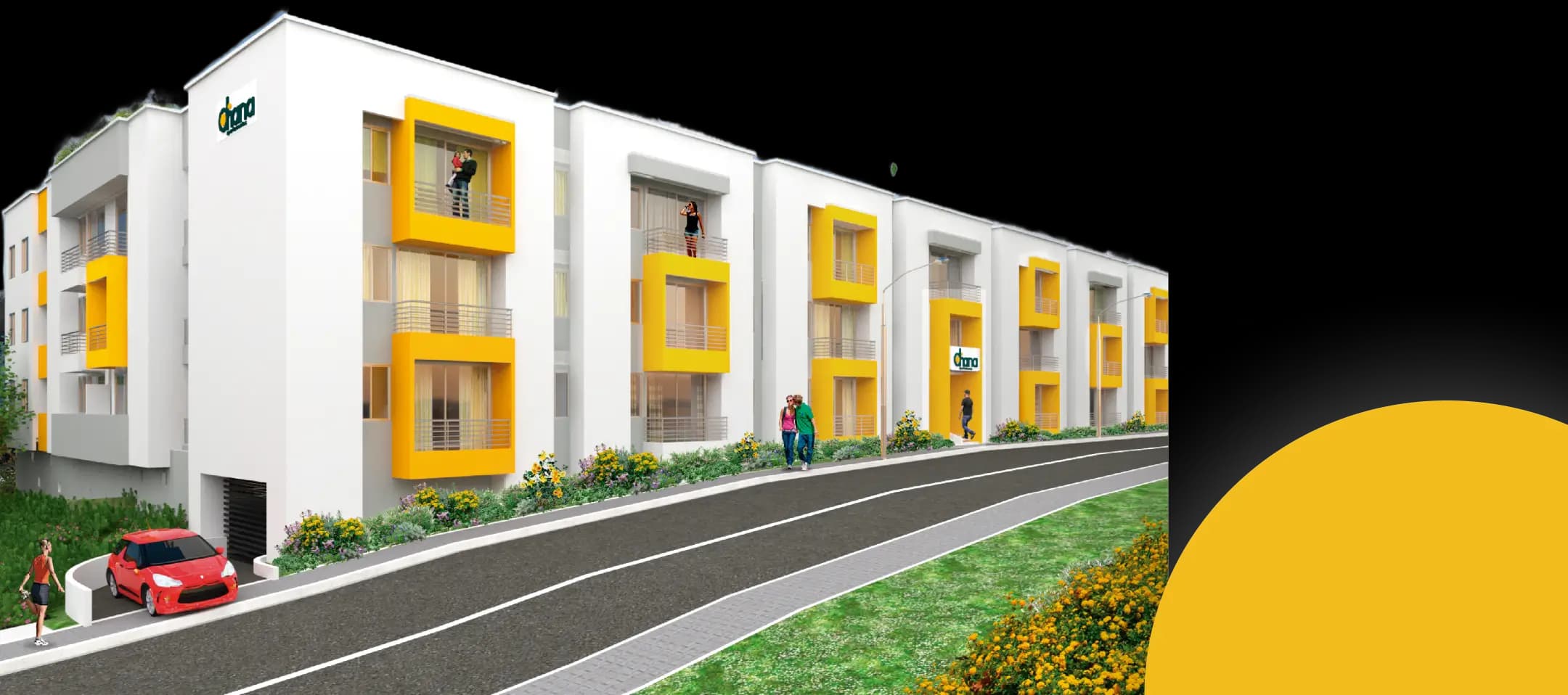 Fachada Ohana Apartamentos, torre de 4 pisos, apartamentos con balcon.